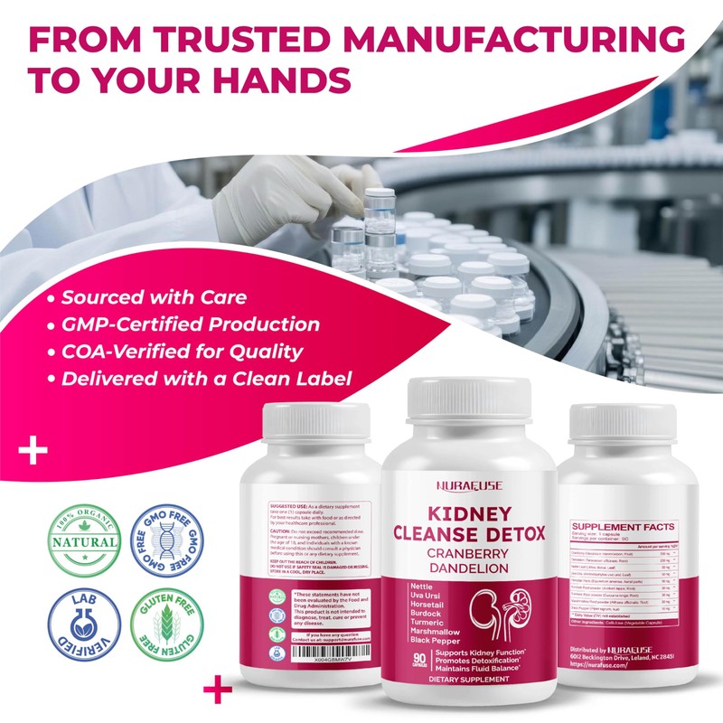 NURAFUSE Kidney Cleanse Detox Cranberry Dandelion - Supports Kidney Function,