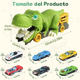 SHANDABULIU 7 en 1 Camiones de Juguete para Niño, Juguetes de Dinosaurios, Carritos de Dinosaurio para Niños Y 6 Pcs Pequeño Juguete de Coches, Camión de Juguete Regalos para Niños