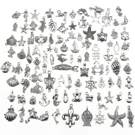 100 Pieces Sea Animals Theme Mix Antique Silver Charm Tibetan Silver Plated Silver Pendant Collection DIY Jewelry Supply for Necklace Bracelet Dangle Jewelry Making and Crafting