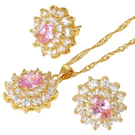 RIZILIA BLOSSOM Jewellery Set Pendant with 45cm(18") Chain & Stud Earrings Oval Cut Gemstones CZ [Pink Sapphire] in 18K Yellow Gold Plated, Simple Modern Elegance