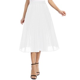 EXCHIC Women's Casual Elastic Waist A-Line Pleated Midi Skirt with Pocket (M, White)