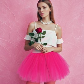 hoyuwak Rose Red Tutu Tulle Skirt for Women 5 Layered Stretchy Puffy Fluffy Adult Dance Skirt for Valentine’s Day 80s 70s Ballerina Party Costume