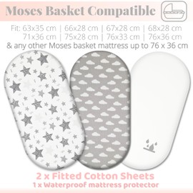 Selemavi Moses Basket Fitted Sheets Set – 100% Cotton, 3pc Moses Basket Bedding Set with 2 Fitted Sheets & 1 Waterproof Mattress Protector