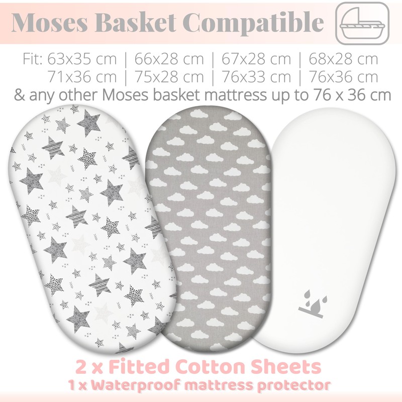 Selemavi Moses Basket Fitted Sheets Set – 100% Cotton, 3pc