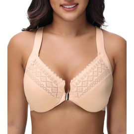 Oscrenia Racerback Front Closure Bra Plus Size for Women Unlined Underwire Wide Strap(Beige,36E)