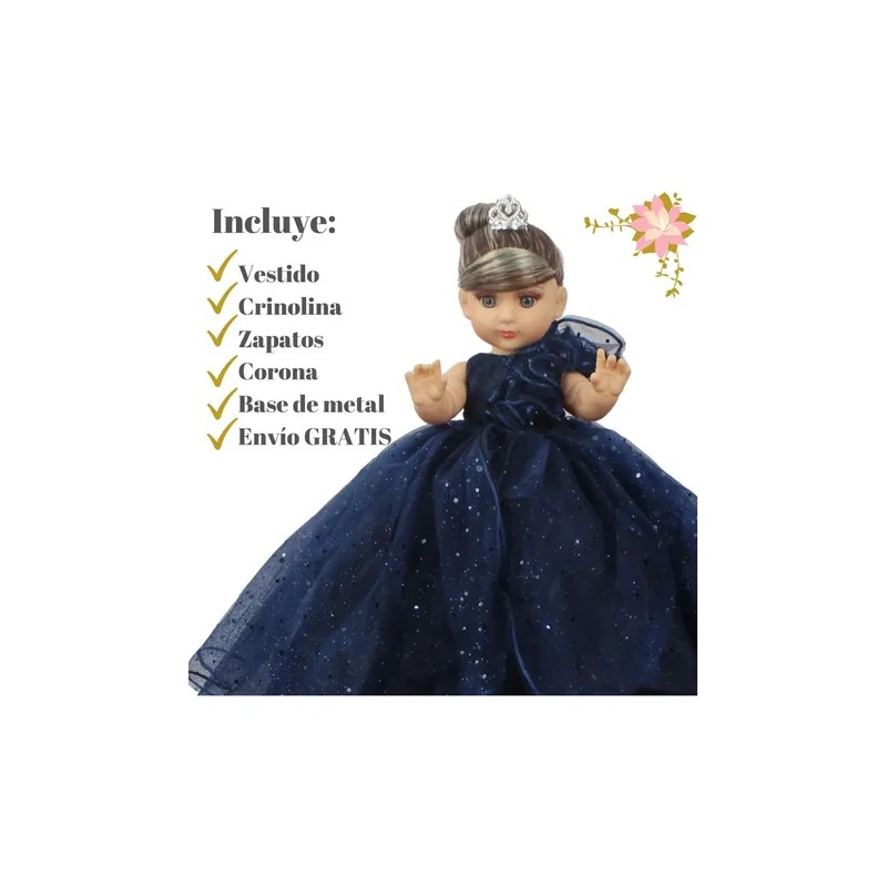 Muñeca Quinceañera Recuerdo 15 Años Azul Marino Petro 33 Cm