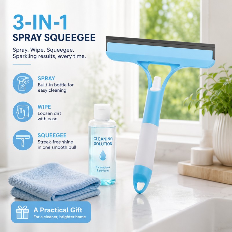 3-in-1 Spray Window Squeegee for Glass Cleaning – Built-In Bottle