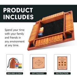 TooyBing Upgraded 1-4 Players Shut The Box Dice Game, Wooden Board Table Family Game for Kids and Adults with 12 Dice, Classic Tabletop Math Game for Pub Classroom Party, Gift for Christmas Birthday