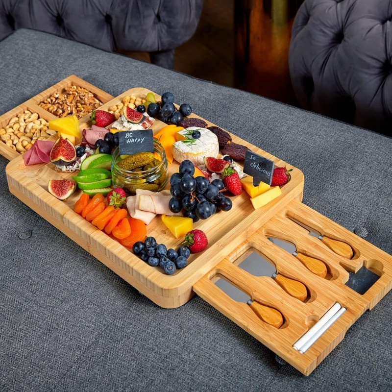RoyalHouse Unique Bamboo Cheese Board and Knife Set with 2