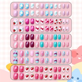 Ideal Swan Kids Stick on Nails, 240 Pcs Cute Fake Nails for Kid Stick on Nails for Kids, Colorful Child Press on Nail Full Cover Short Children Nail, Lovely Children Nail Art Kit with Jelly Glue