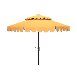 SAFAVIEH 9ft Outdoor Patio Umbrella, Double Top, Venice Collection, Yellow & White, Crank, Button Tilt, UV Resistant for Deck, Backyard, Poolside