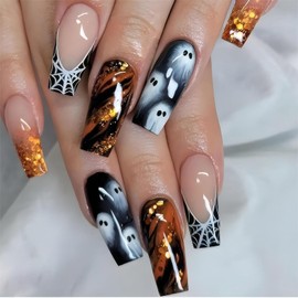 RTKHFZE Hallowee Press on Nails Long Square Fake Nails Spider Web French Gradient Press on False Nails with Glitter and Ghost Designs Acrylic Nails Glue on Nails for Women Girls 24Pcs
