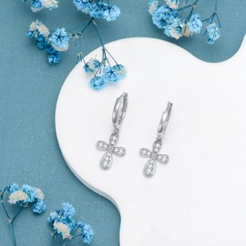YFN Cubic Zirconia Cross Dangle Earrings 925 Sterling Silver Cross Huggie Hoop Earrings Hanging for Women Girls