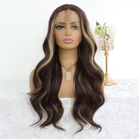 GALLAG Brown with Highlight Blonde 24 Inch Synthetic Lace Front Wigs for Women Body Wave Pre Plucked Pre Cut HD 13X4 Front Lace Ombre Wig Middle Part Length for a Stunning Look
