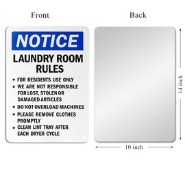 Laundry Room Rules Sign,“Resident Use, Not Responsible For Damage, Remove Promptly, Clean Lint” Notice Sign, 40 mil Laminated Rustproof Aluminum,Waterproof,10 X 14 inch