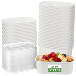Maxdot 50 Pack Disposable Food Containers with Lids Paper Food Containers Bowls for Meal Prep, Salad, Ice Cream, Yogurt, Soup Bowls Party Leftover Box(White,25 oz)