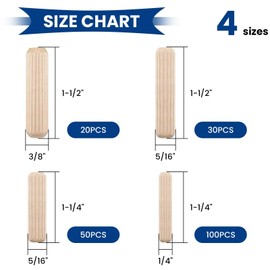 ZIUZI 200 Pcs Wooden Dowel Pins Assorted Sizes, 1/4" 3/8" 5/16" Fluted Wood Dowels Rods, Hard Wood Crafts Dowel Pegs for Crafts, Furniture, DIY Manual