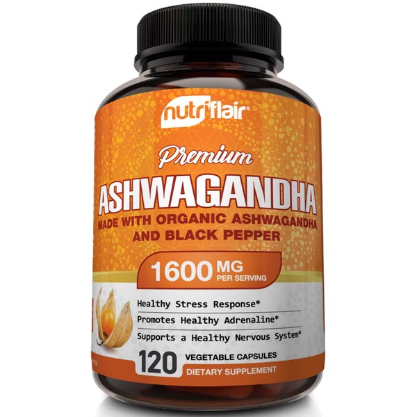 NutriFlair Organic Ashwagandha Capsules with Black Pepper - 1600mg, 120 Vegan Pills for Powerful Adaptogenic Benefits and Overall Health