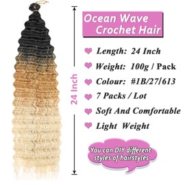 Samtress 24 Inch Ocean Wave Twist Crochet Hair 7 Packs Curly Braiding Hair Deep Wave Twist Crochet Hair for Bohemian Box Braids Crochet Hair Goddess Locs Braiding Hair for Women (#1B27613)