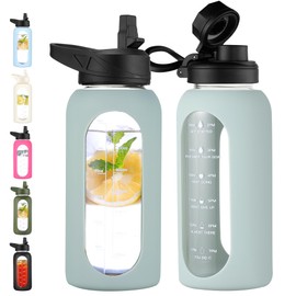 CIVAGO 32 oz Glass Water Bottle with Straw and Handle, Large Sports Motivational Water Bottle Flask with Time Marker and 2 Lids, Leakproof Water Jug Canteen with Silicone Sleeve for Gym, Sage