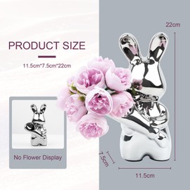 La Desire Ceramic Bunny Rabbit Holding Flower Silver Rabbit Desktop Ornament Ceramic Rabbit Sculpture Home Decor Perfect as Bathroom Ornaments, Ornaments for Shelves, Living Room