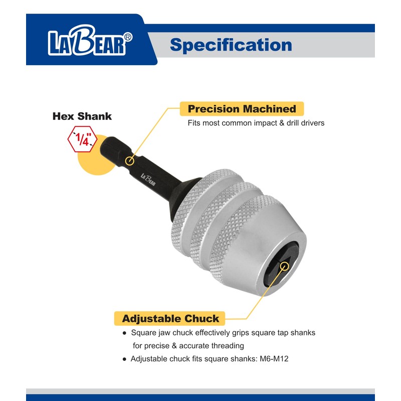 LABEAR Adjustable Tap Chuck M6–M12, Keyless Quick Change Tap Holder,