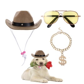 3 Pieces Pet Dog Cat Costume Set- 1Pcs Pet Sunglasses,1 Pcs Khaki Western Cowboy Hat, 1 Pcs Gold Dollars Metal Chain,Cosplay Costume Photo Props for Small Dog Cat
