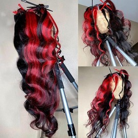 Afsisterwig 13x4 Red Highlight Transparent Lace Human Hair Preplucked Body Wave Lace Front Wig 150% Density - Length: 14