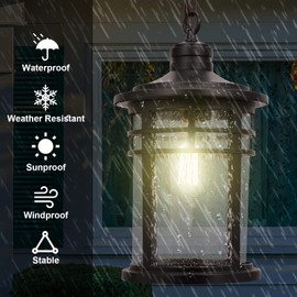 Darkaway Large Outdoor Pendant Lights for Porch, 15inch Outdoor Chandelier Hanging Porch Lights Outdoor Ceiling Mount Aluminum with Seeded Glass for Front Porch Gazebo Patio (Large, Black)