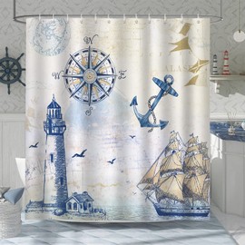 Bonhause Shower Curtain Maritime Nautical Anchor Lighthouse Sailboat Shower Curtains 180 x 180 cm Anti-Mould Waterproof Polyester Fabric Washable Bathroom Curtain for Bathroom with 12 Hooks
