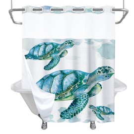 Final Friday Ocean Sea Turtle Theme No Hook Waffle Weave Kids Shower Curtain with Snap in Liner Nautical Tropical Blue Bathroom Decor Set 72 W x 74 H Inch Teal