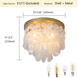JC TOPA 3-Lights Capiz Shell Ceiling Light Fixtures, Gold Boho Flush Mount Ceiling Light for Living Room, Bedroom, Kitchen Island, Foyer, Entryway, Seashell Coastal
