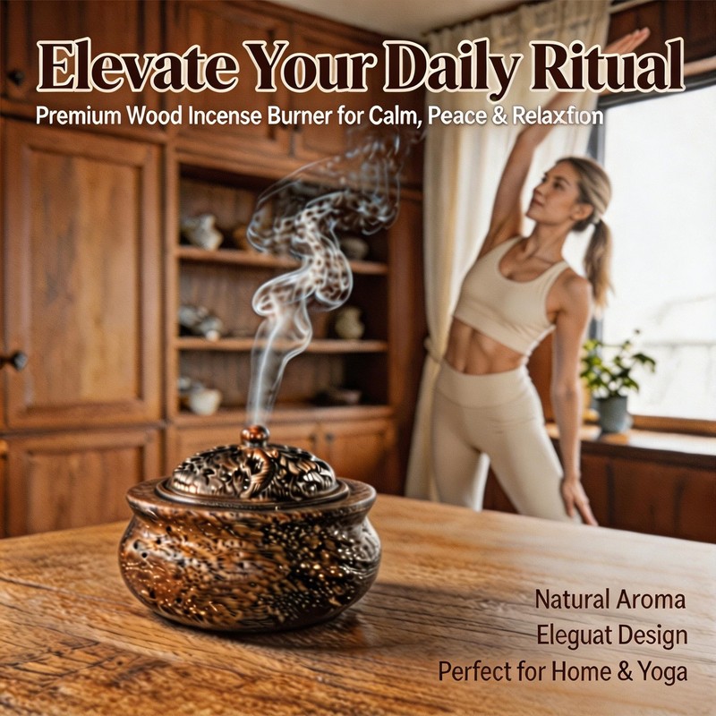 Wooden Incense Burner with Metal Lid, Handmade Incense Holder for