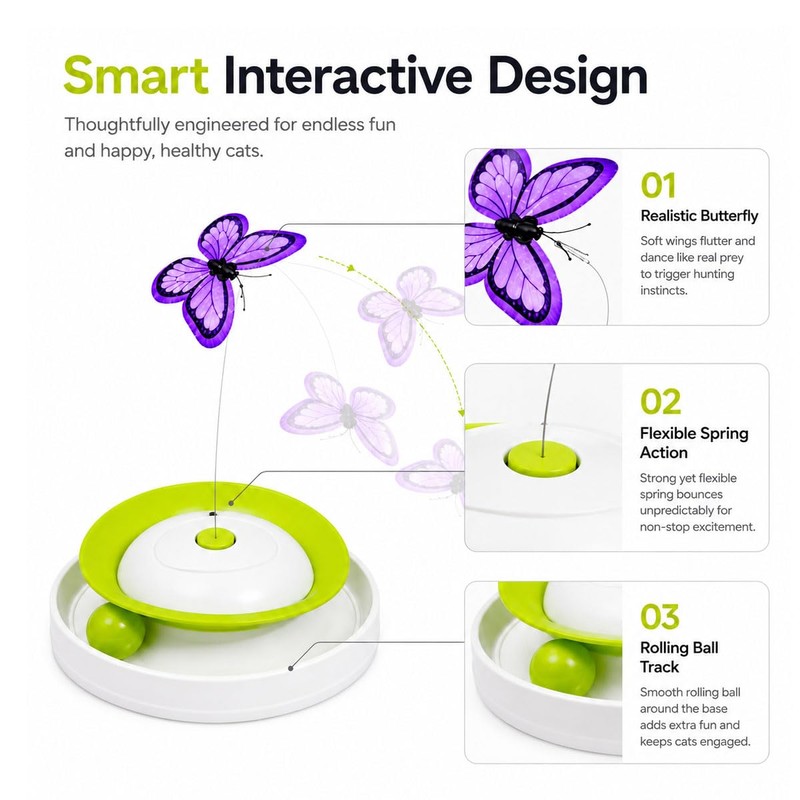 2-in-1 Auto Interactive Cat Toy, Fluttering Butterfly & Rolling Track