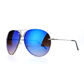 JuicyOrange Oversized Round Aviator Sunglasses Metal Rims Silver, Blue Mirror Lens