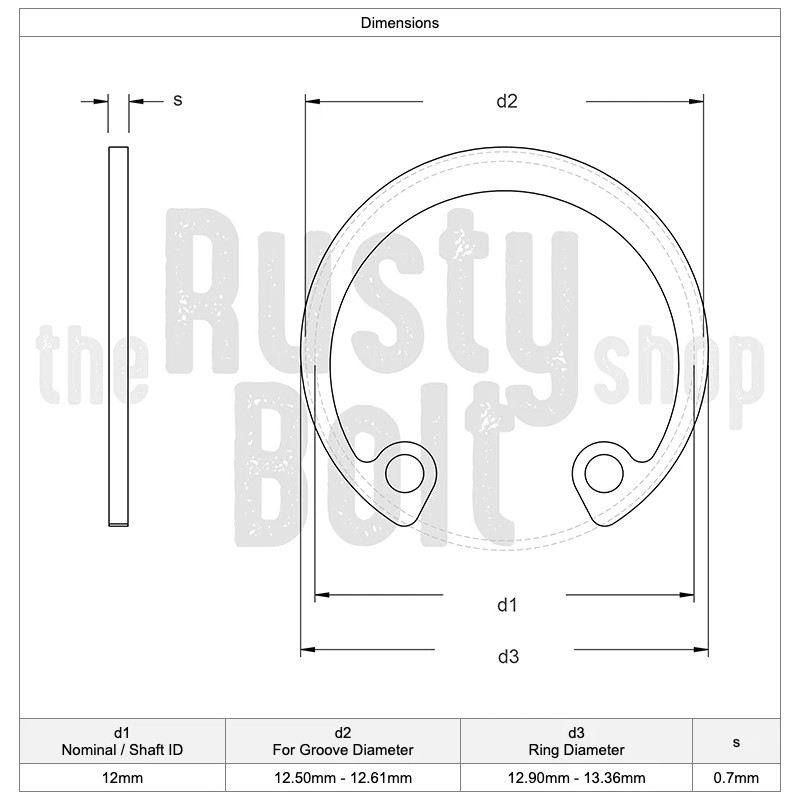 The Rusty Bolt Shop 12mm, Internal Circlip, Stainless Steel, Retaining