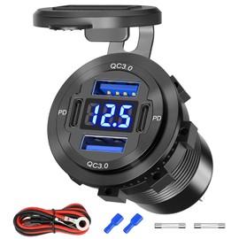 84W 4-Port 12V/24V USB Car Charger Socket with Dual PD3.0 & Dual QC3.0 Fast Charging, Aluminum Alloy Waterproof USB C Outlet with LED Voltmeter, Compatible for Cars Boats Trucks RVs Motorcycles Marine