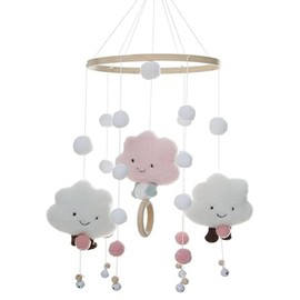 Mtxorvix Mobile Baby Wind Chimes, Cloud Doll Wind Chime, Adorable Cloud and Hair Ball Mobile, Mobile Baby Wood with Felt Balls, 3D Clouds, Soft Wool Hanging Ornaments for Nursery Room Decor (Pink)