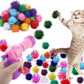 Dorhui Cat Toy Balls with Launchers Set, 30 Pcs Sparkle Pom Pom Balls for Cat,Cat Enrichment Toys,cat Toys for Indoor Cats, Interactive Glitter Pom Pom Balls for Kitty Gifts
