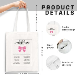 JWVK Daily Affirmations for Women Tote Bag, Coquette Pink Bow Preppy Canvas Tote Bag, Positive Affirmations Gifts, Motivational Inspirational Gifts for Woman, Reusable Grocery Bags Shopping Bags