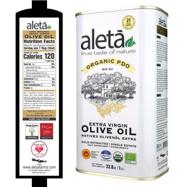 Aleta Farms Olive Oil Extra Virgin, USDA Organic, Single Estate PDO Polyphenol Rich Olive Oil, Cold Pressed, Global Gold Awards, Kosher, 33.8 Fl oz, (1 Ltr) Pack of 2