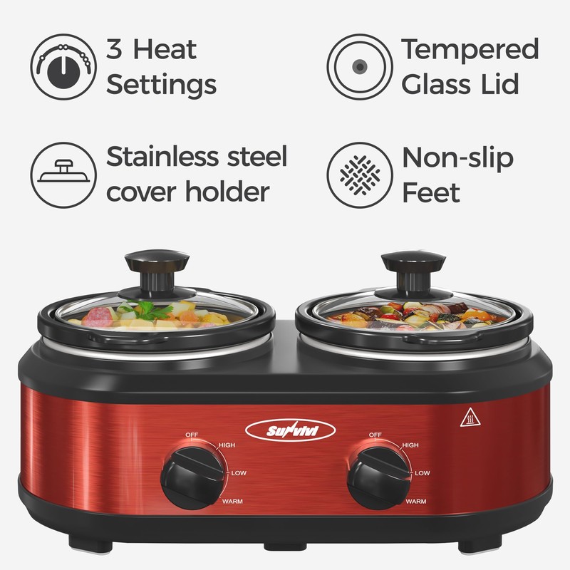 Sunvivi Double Slow Cooker,2 Pot Small Mini Crock Buffet Servers