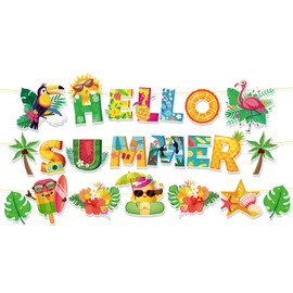 HOWAF Hello Summer Banner Beach Tropical Bunting Banner, 3 PCS Colorful Summer Luau Party Hanging Decoration for Birthday Hawaii Pool Tiki Baby Shower Party Supplies Welcome Garland Banner