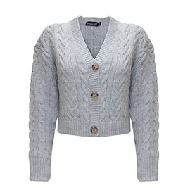 Generation Fashion New Ladies Women’s Knitted Long Sleeve 3 Button Down Cropped Bolero Cardigans Cable Knit Chunky Cardigan Crop Top Short Cardigans [Grey,XL]