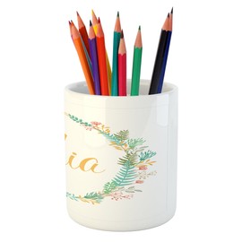 Ambesonne Mia Pencil Pen Holder, Frame of Flowers and Ferns Pattern with Handwriting Calligraphy Design Cursive Alphabet, Printed Ceramic Pencil Pen Holder for Desk Office Accessory, Multicolor