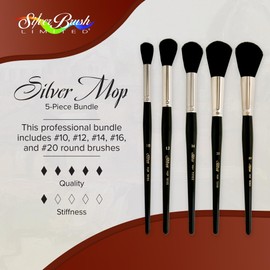 Silver Brush Limited MP-5664S Silver Mops Short Handle Round Black Mops Brushes with Super-Soft Organic Hair, 5pc Professional Artist Painting Bundle for Oil, Acrylic, Watercolor, Pastels, & Charcoal