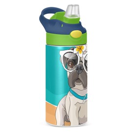 ALAZA Cute Cartoon Pug Dog Print Kids Water Bottles with Lids Straw Insulated Stainless Steel Water Bottles Double Walled Leakproof Tumbler Travel Cup for Girls Boys Toddlers 12 oz,Green