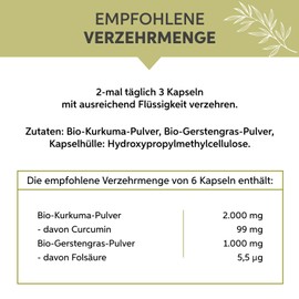 Organic Turmeric Barley Grass Capsules Pack of 1000 | High Dose 3000 mg Daily Dose | Premium Curcumin from India and German Barley Grass Powder | 100% Pure without Additives