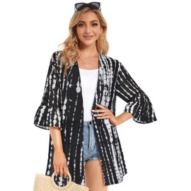 Womens Swimsuit Cover Up Boho Casual Cardigan Beach Kimono Sheer Summer Wear (Black White Stripe,L)
