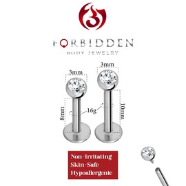 Forbidden Body Jewelry 16G 8mm & 10mm Internally Threaded Solid Titanium Tragus/Helix Earring/Labret Stud with 3mm CZ Ball Top